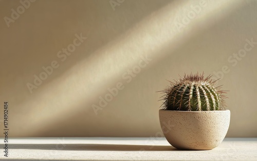 Cactus Stands in Sunlight Casting a Shadow on a Bright Wall in a Modern Indoo...