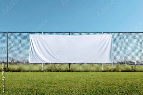 Empty White Banner on Sports Field Fence with Clear Sky and Grass Background Ideal for Marketing Display and Graphic Design