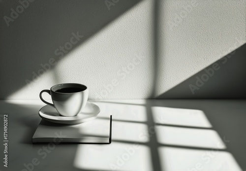 Morning Coffee With Shadows on a Table and a Book Nearby