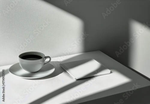 Coffee Cup and Notepad on a Table With Soft Shadows in a Minimalistic Room Se...