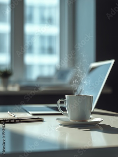 Warm Coffee Cup on a Desk Beside a Laptop and Tablet in a Bright Office Setting