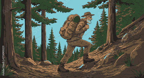 Elderly Hiker Ascending Mountain Trail in Lush Forest