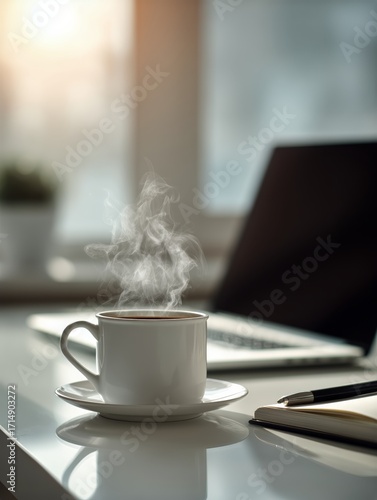 Cozy Workspace With Steaming Coffee Cup and Laptop on Desk During Morning Hours