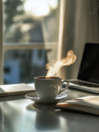 Cozy Workspace With Steaming Coffee Cup and Laptop on Desk During Morning Hours.