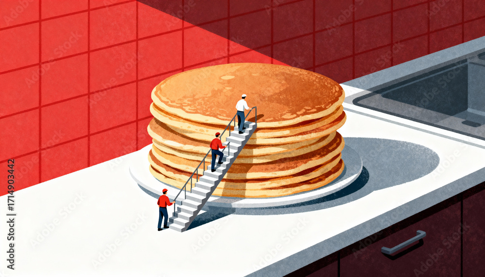 Obraz premium Mini Workers Exploring Giant Pancakes