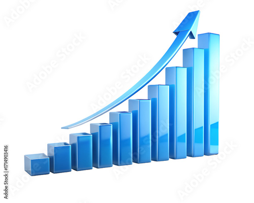 Blue bar graph with upward trending arrow isolated on transparent background