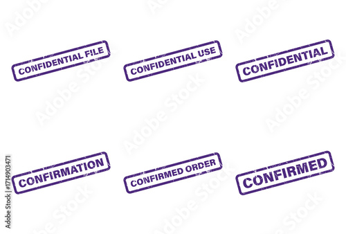 Grunge Purple Rubber Stamps with Phrases like Confidential and Confirmed on White