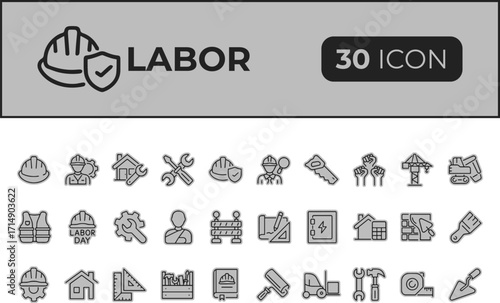Collection of labor and construction icons isolated on transparent background