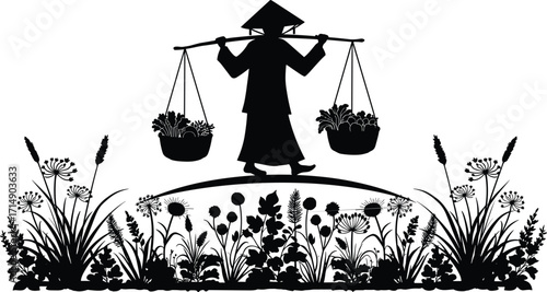 Silhouette of traditional Asian farmer carrying baskets with bamboo pole, rural agriculture scene, plants and flowers, cultural farming lifestyle vector illustration