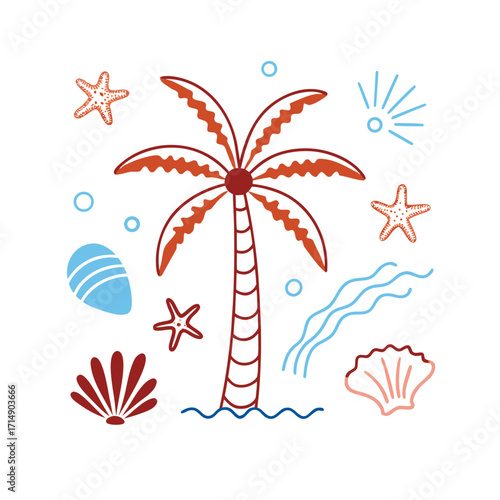 palm tree, seashells, starfish, sand, tropical, summer, beach, ocean, coastline, summer vibes, vacation, tropical decor, sea elements, nature, island, marine, sun, travel, sandy beach, ocean life, sum
