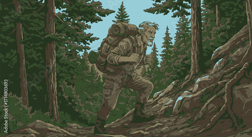 Adventurous hiker ascends a steep, wooded trail with a large backpack, surrounded by pine trees and rocky terrain