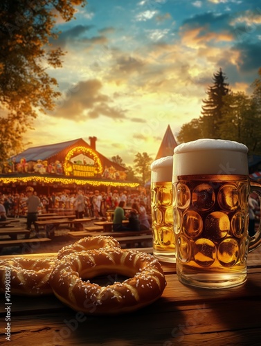 Enjoying Pretzels and Beer at a Lively Outdoor Festival During Sunset.
