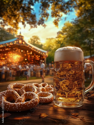 Enjoying Pretzels and Beer at a Lively Outdoor Festival During Sunset