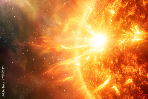 Fiery sun in space with solar flare activity - sci-fi concept design for education and research