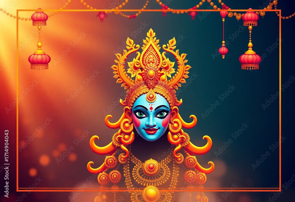 Fototapeta premium Happy Durga Puja Festival Greeting Background Template Design with Hindu Goddess Durga Face Illustration