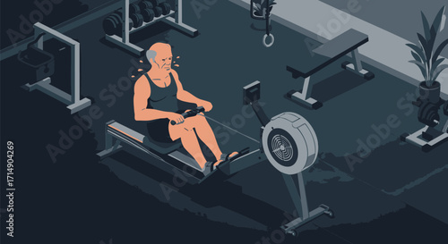 Active senior citizen working out on a rowing machine. Isometric vector concept of fitness, health, and wellness for the elderly