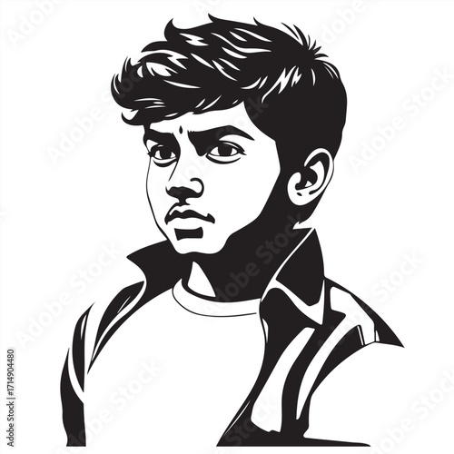 A high-resolution, black and white vector silhouette of a Tamil boy on a clean white background, exuding timeless elegance and professional quality, suitable for commercial use
