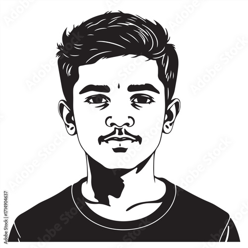 A high-resolution, black and white vector silhouette of a Tamil boy on a clean white background, exuding timeless elegance and professional quality, suitable for commercial use