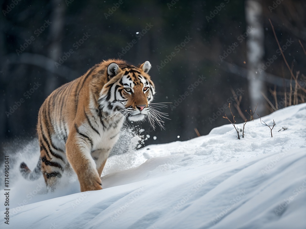 Fototapeta premium Siberian Tiger Prowling Through Deep Snow in a Winter Forest Landscape