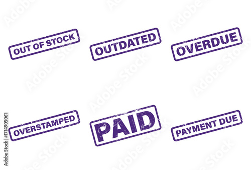 Purple Rubber Stamps with Grunge Texture Featuring Various Business Terms on White