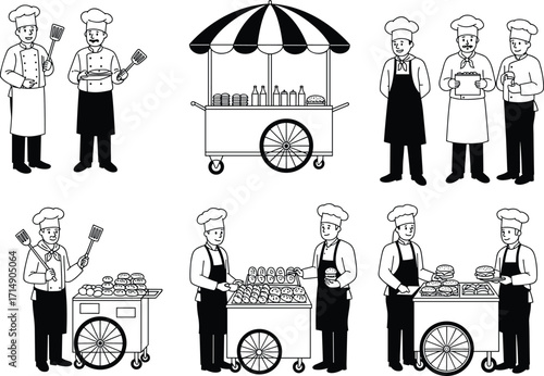 Black and white chef silhouettes with food carts, cooking utensils, burgers, bread rolls, street food vendor illustration, culinary market vector design