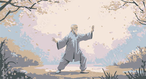 Elderly man practicing Tai Chi in a serene natural setting surrounded by blooming trees