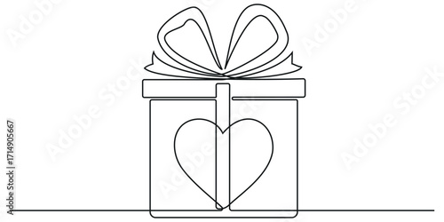 Valentine's Day Gift box one line drawing . Continuous one line gift box. Presents with ribbon bow. Vector illustration