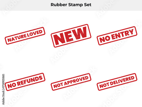 Red Rubber Stamp Set with Grunge Texture New, No Entry, Nature Loved, No Refunds