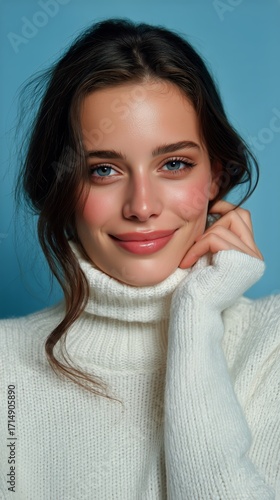 Smiling Woman in Cozy Sweater Poses Against a Soft Blue Background.