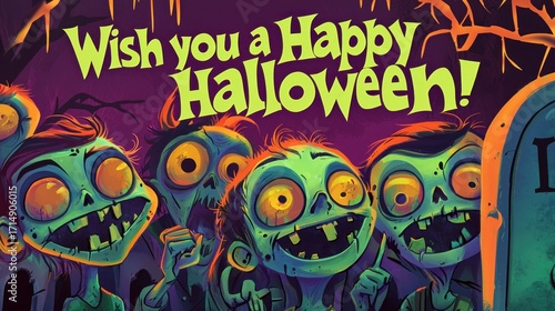 Creepy Cartoon Zombie Trio Wishing You a Happy Halloween – Colorful Spooky Illustration with Green Undead Characters, Purple Night Sky, Gravestones and Scary Fun Horror Art for Party Posters