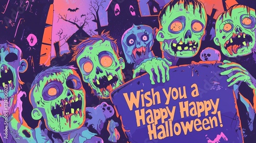 Creepy Cartoon Zombie Trio Wishing You a Happy Halloween – Colorful Spooky Illustration with Green Undead Characters, Purple Night Sky, Gravestones and Scary Fun Horror Art for Party Posters