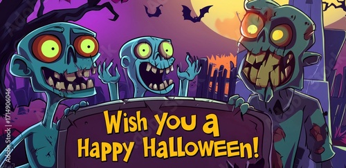 Creepy Cartoon Zombie Trio Wishing You a Happy Halloween – Colorful Spooky Illustration with Green Undead Characters, Purple Night Sky, Gravestones and Scary Fun Horror Art for Party Posters