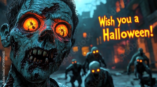 Creepy Cartoon Zombie Trio Wishing You a Happy Halloween – Colorful Spooky Illustration with Green Undead Characters, Purple Night Sky, Gravestones and Scary Fun Horror Art for Party Posters