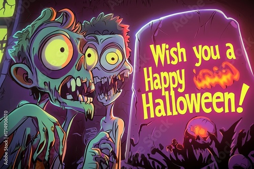 Creepy Cartoon Zombie Trio Wishing You a Happy Halloween – Colorful Spooky Illustration with Green Undead Characters, Purple Night Sky, Gravestones and Scary Fun Horror Art for Party Posters
