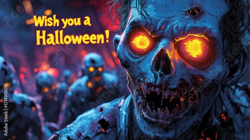 Creepy Cartoon Zombie Trio Wishing You a Happy Halloween – Colorful Spooky Illustration with Green Undead Characters, Purple Night Sky, Gravestones and Scary Fun Horror Art for Party Posters