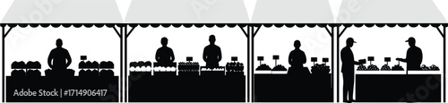 Black and white silhouette illustration of market stalls with vendors and customer, local marketplace scene, community commerce, traditional street shopping environment