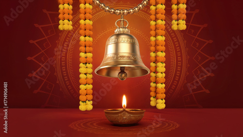 Golden Bell and Diya Lamp for Traditional Durga Puja Celebration