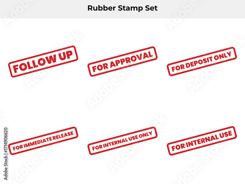 Rubber Stamp Set Red Ink Isolated On White Approval, Follow Up, Internal Use