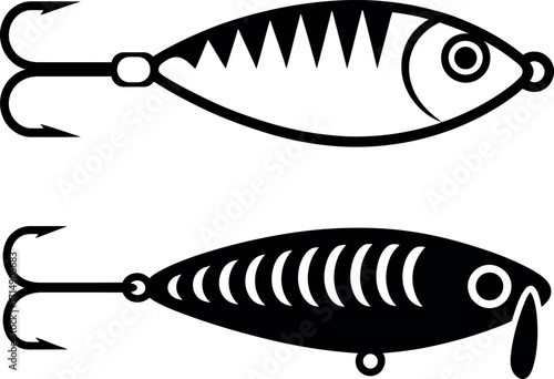 Fishing Lure vector illustration black and white with sharp hooks