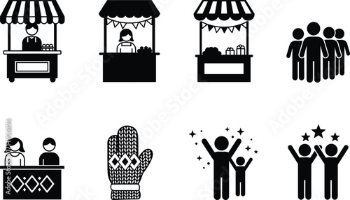 Black and white vector icons of market stalls, people celebrating, community gathering, festive symbols, shopping, cultural lifestyle illustration design