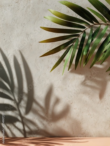 Palm Leaves Cast Intricate Shadows on a Textured Wall in Warm Afternoon Light.