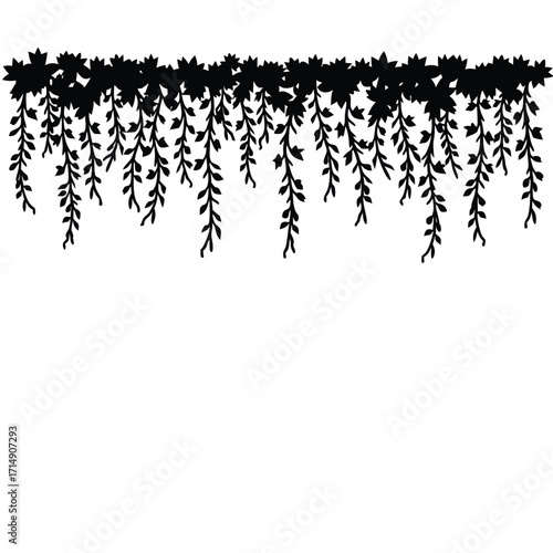Black silhouette of hanging vines with leaves and flowers