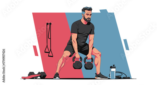 Man performing kettlebell workout session, demonstrating strength training and a healthy lifestyle with fitness equipment