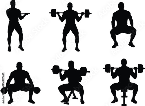 Black silhouette illustration of athlete performing barbell exercises, squats, lifts, strength training, bodybuilding workout, fitness gym sport vector design
