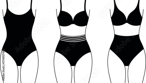 Illustration of Three Different Black Swimsuit Styles on Bodysuit Forms