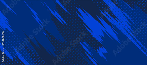A dynamic abstract background with bold, jagged blue brushstrokes layered over a dark blue halftone dot pattern. The style is modern, energetic, and visually striking.