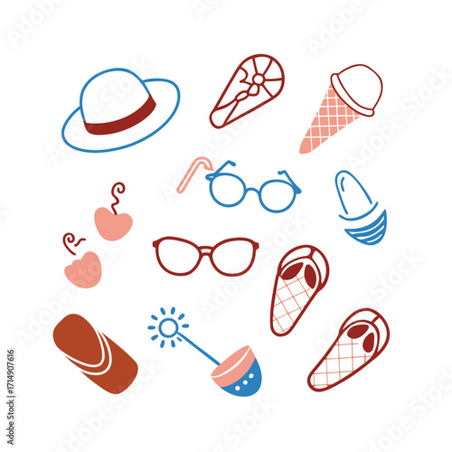 Adobe Summer Fun Essentials, Beach Vacation Accessories, Summer Style Must-Haves, Tropical Holiday Gear, Sunny Day Outfit Illustration Artwork