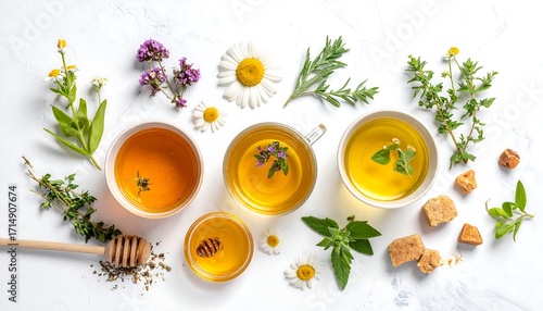 Fototapeta Naklejka Na Ścianę i Meble -  Herbal teas and flowers on marble