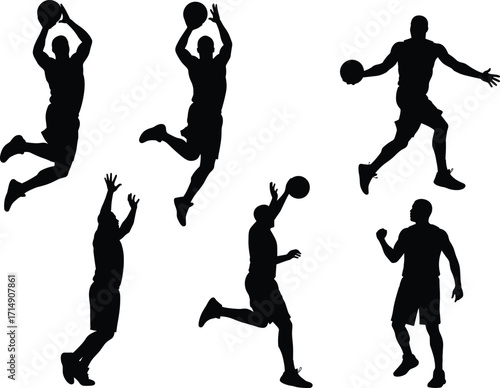 Black silhouette illustration of basketball players in action poses, dunking, dribbling, shooting, jumping, athlete sport movement, dynamic game vector design