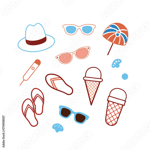 Adobe Summer Fun Essentials, Beach Vacation Accessories, Summer Style Must-Haves, Tropical Holiday Gear, Sunny Day Outfit Illustration Artwork